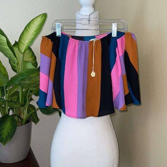Show Me Your Mumu Mezcal Stripe Heidi Ruffle Crop Top Blouse Shirt Pink  XS - Picture 2 of 5